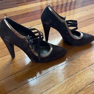 Brown suede Stuart Weitzman strappy pumps